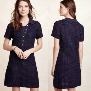 Anthro Moth Navy Diamond Knit Shirt Dress Sz LP